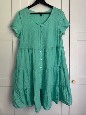Carre Noir Teal Green Button-Front Tiered Linen Dress Made in Italy Size Medium